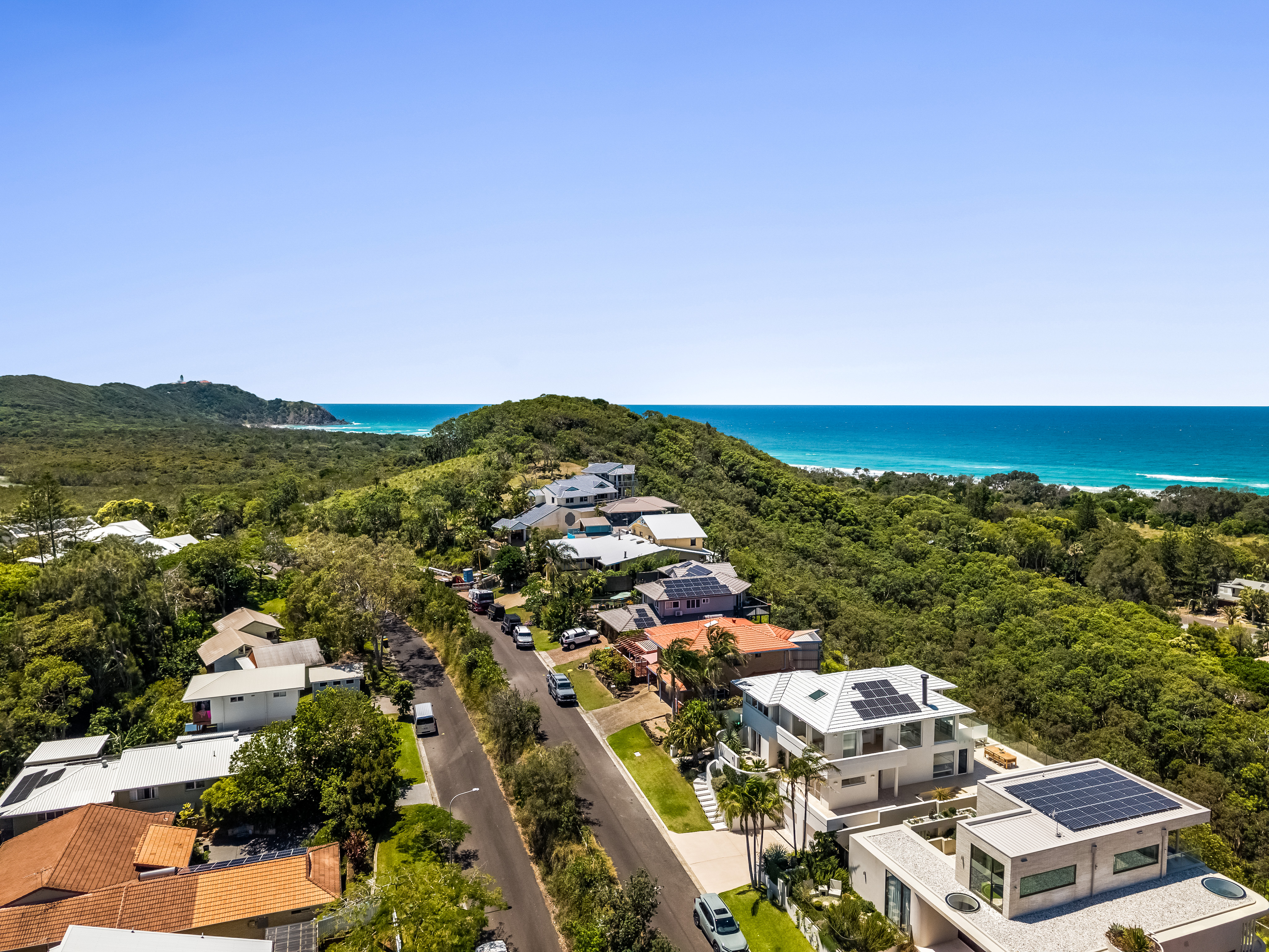 Aerial drone photography — Pacific Vista Drive, Byron Bay with ocean and lighthouse views